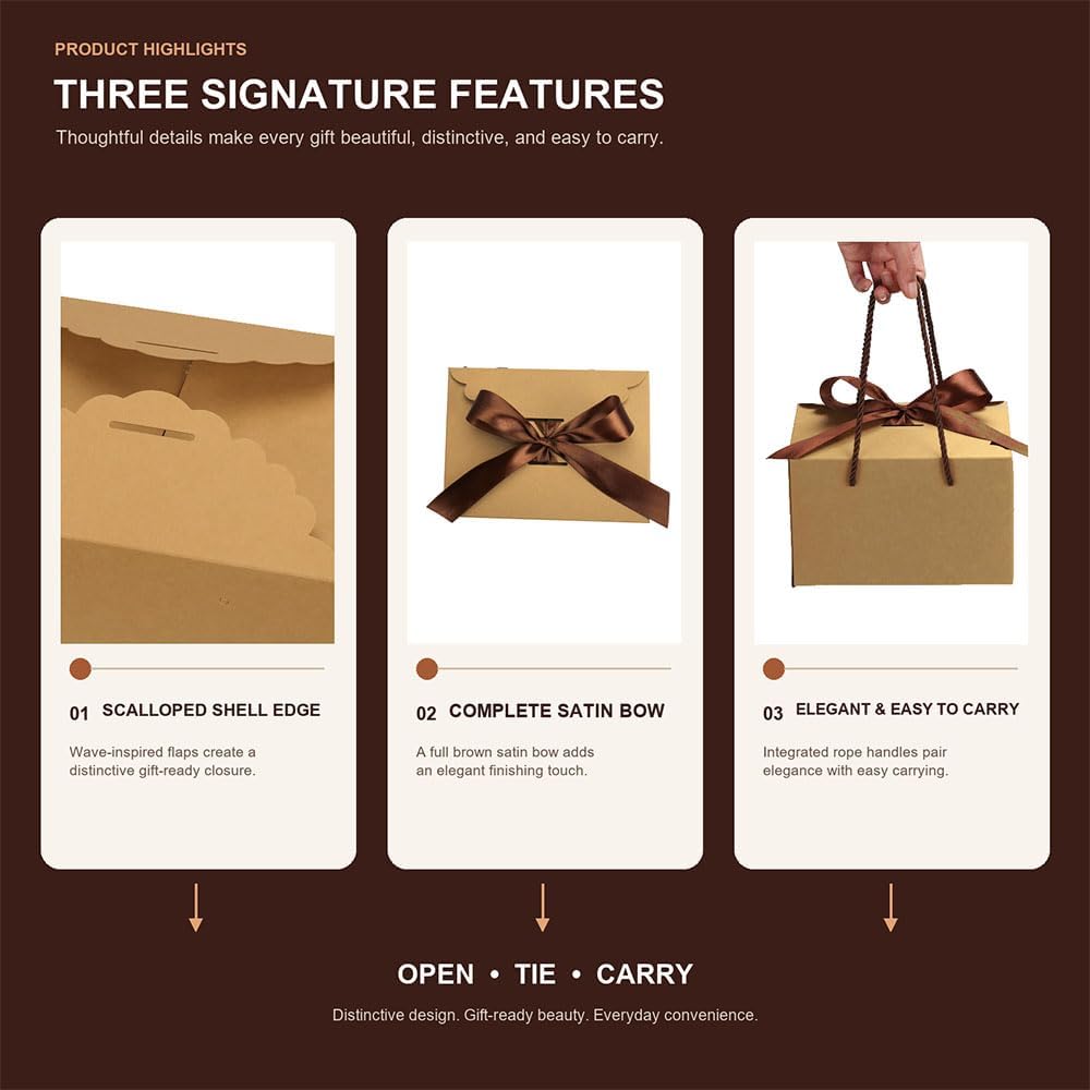 Brown Kraft Gift Box with Handle & Ribbon, 6 Pack 8 x 6 x 5 in