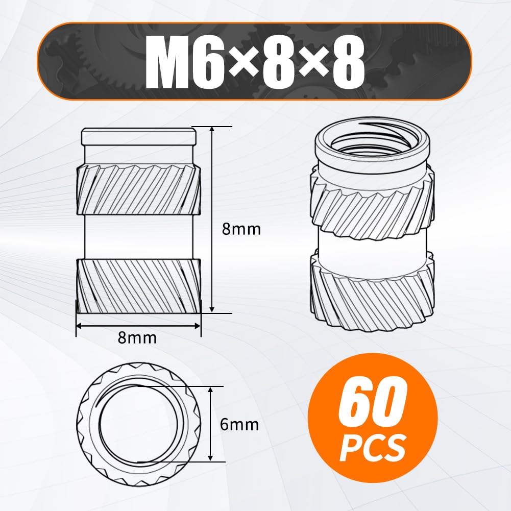 M6 Brass Insert Nuts - 60pcs M6x8x8mm Heat Set Insert Nuts