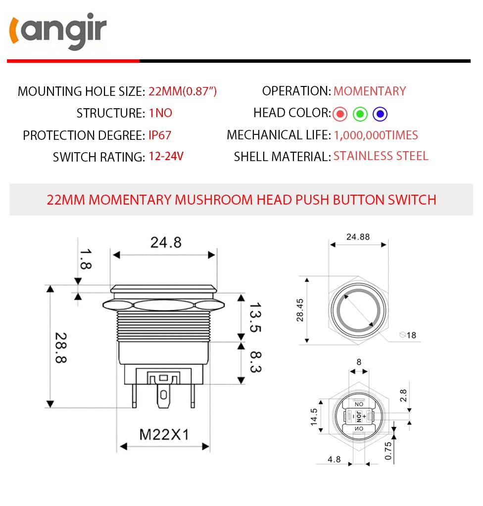 15Amp momentary Push Button Switch，22mm(0.866") 12V-24V Push Button Switch AC/DC IP67 Waterproof LED Angel Eye Light On and Off with Wire Socket