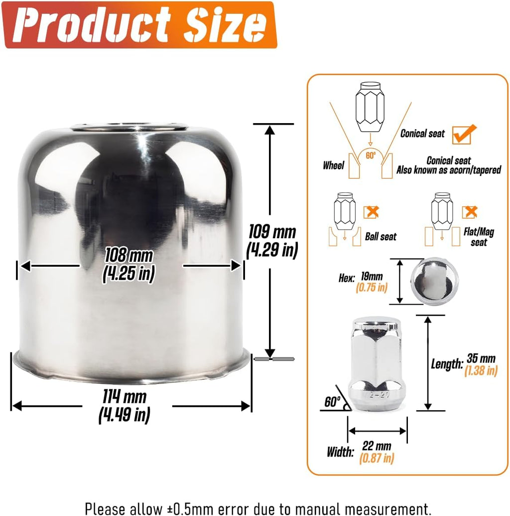 4-Pack Trailer Push Through Center Caps and Trailer Lug Sets - 4.25in Wheel Center Caps Chrome with Black Top Cover