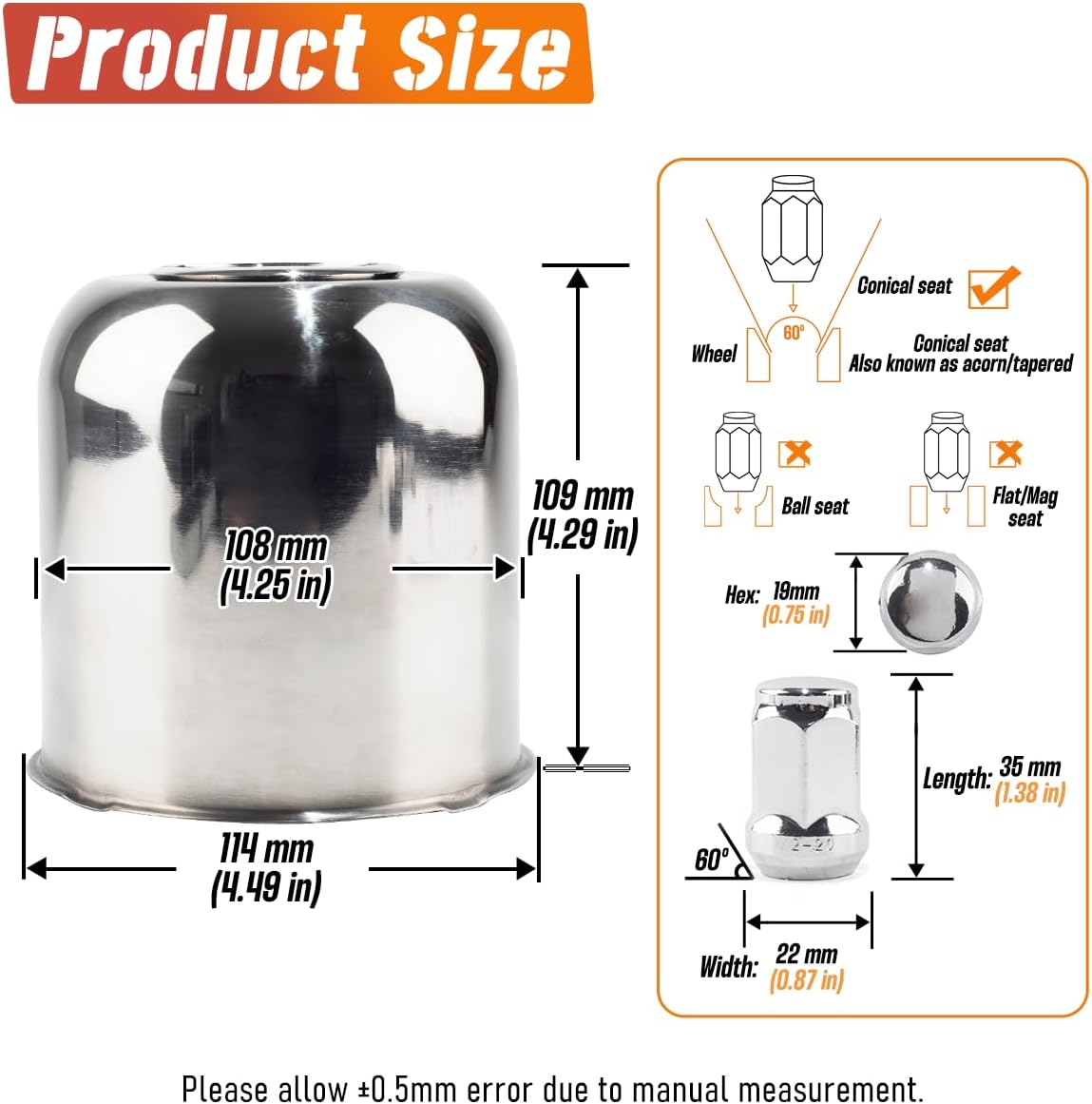 4-Pack Trailer Push Through Center Caps and Trailer Lug Sets - 4.25in Wheel Center Caps Chrome with Black Top Cover