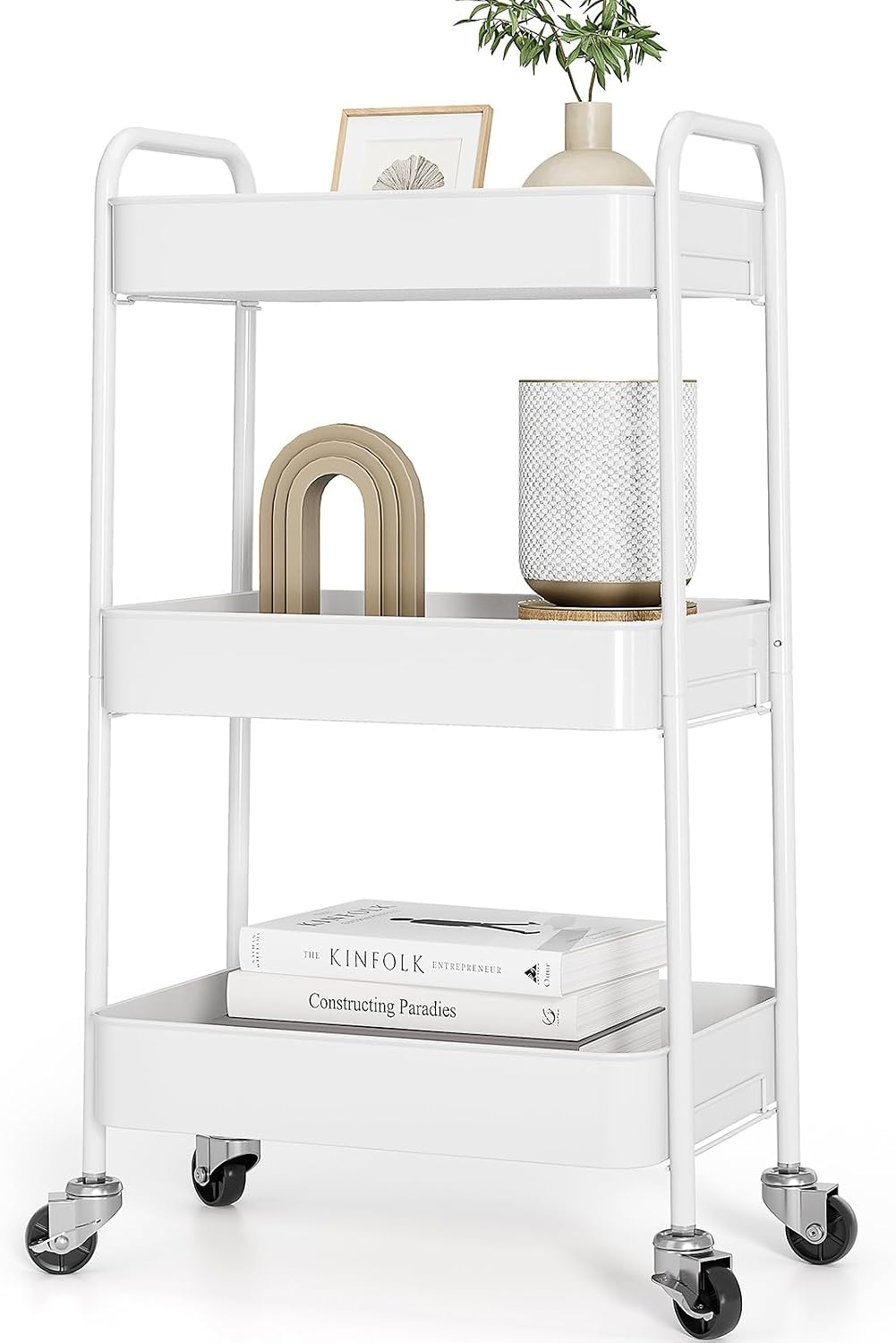 3 Tier Metal Rolling Cart, Utility Storage Cart with Wheels, White