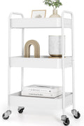 3 Tier Metal Rolling Cart, Utility Storage Cart with Wheels, White