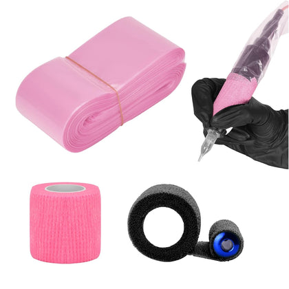 100pcs Tattoo Clip Cord Sleeves with 2pcs Self-adhesive Bandage Disposable Plastic Cover Bags Tattoo Pen Bag Tattoo