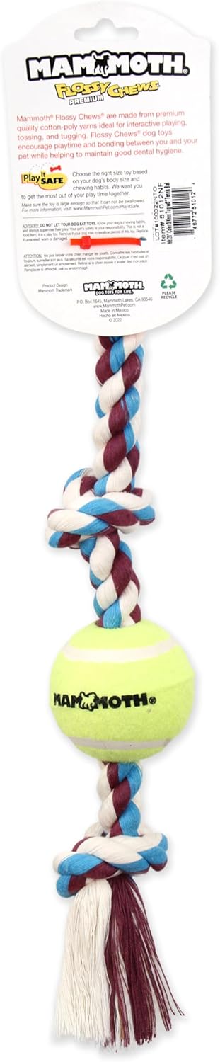 Mammoth Flossy Chews Color 3 Knot Tug w/Standard Tennis Ball – Premium Cotton-Poly Tug Toy for Dogs, Interactive Rope