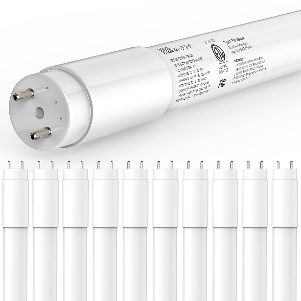 10 Pack T8 LED Bulbs, 4FT Hybrid Type A+B, 5000K, Frosted Cover