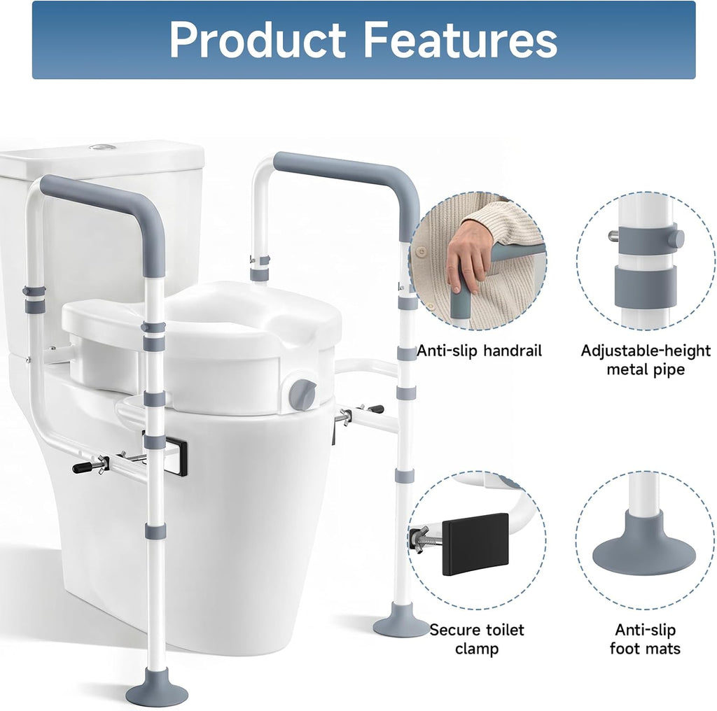 Raised Toilet Seat with Handles, Elevated Toilet Seat Risers for Seniors with Adjustable Padded Arms, Toilet Seat