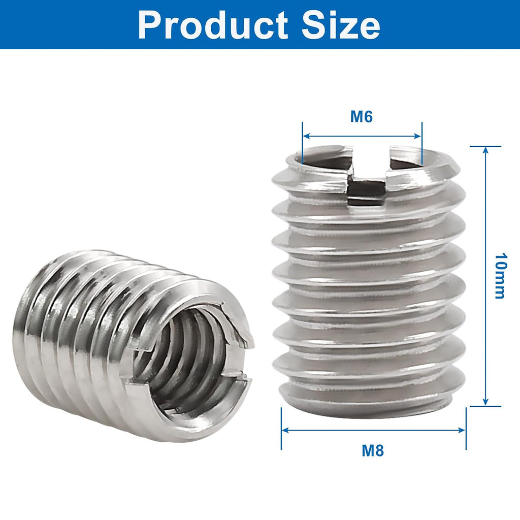 10Pcs Self Tapping Thread Inserts, Stainless Steel M6 Female M8 Male