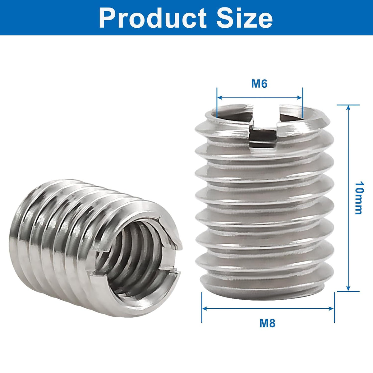 10Pcs Self Tapping Thread Inserts, Stainless Steel M6 Female M8 Male