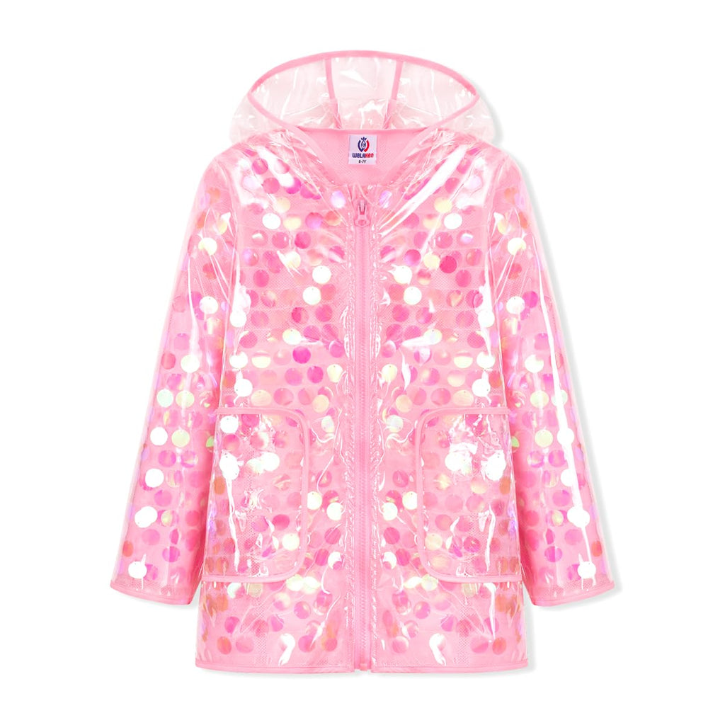Girls Sequin Raincoat Waterproof Reusable Hooded Outwear Rain Jacket