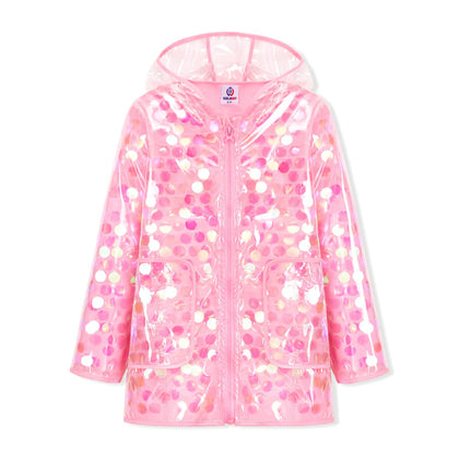Girls Sequin Raincoat Waterproof Reusable Hooded Outwear Rain Jacket