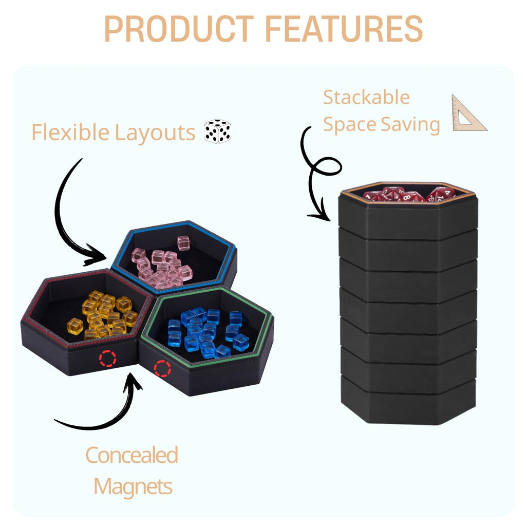 Magnetic Hex Board Game Trays, Modular Stackable Token Dice Trays (7-Pack)