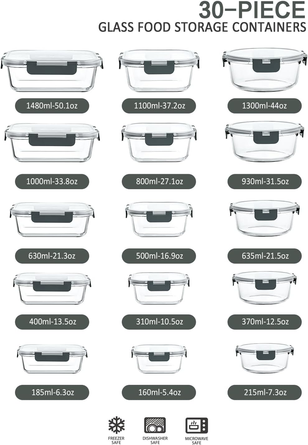 30 Pieces Glass Food Storage Containers with Snap Locking Lids,Glass Meal Prep Containers Set - Airtight Lunch