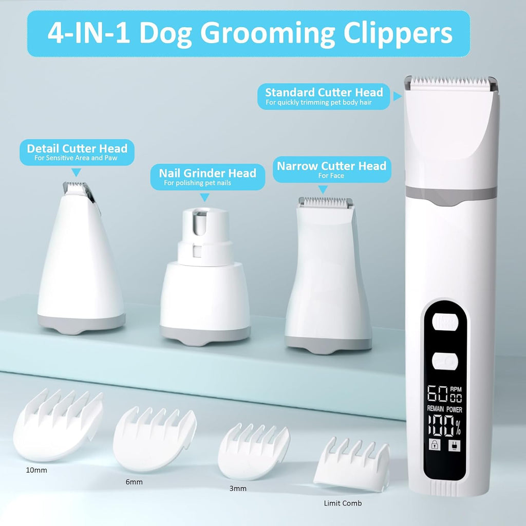 Dog Clippers for Grooming, 4 in 1 Dogs Paw Trimmer Pet Grooming Kit, Low Noise Dog Shavers with Nail Grinder Quiet