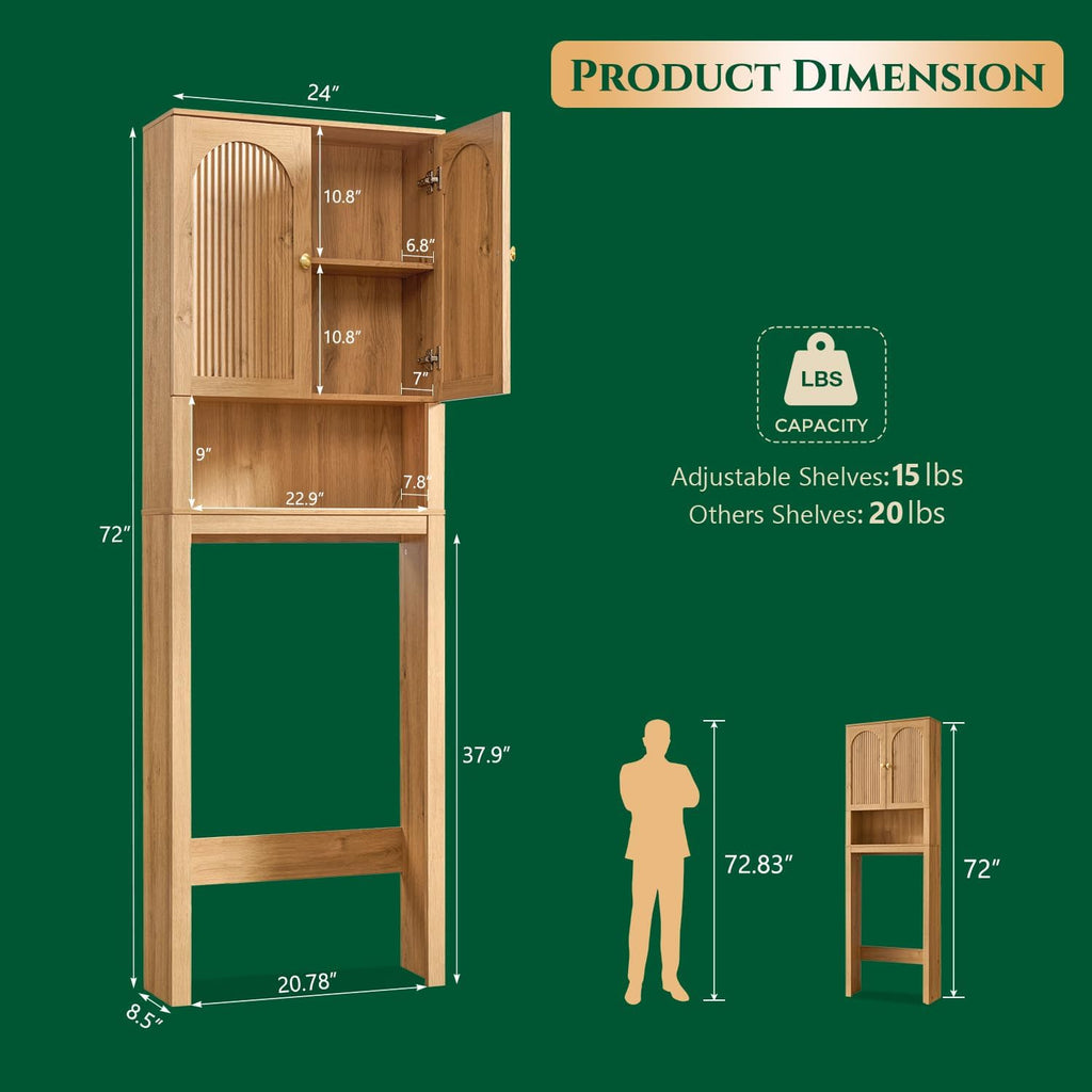 72" Over The Toilet Storage Cabinet, Modern Over Toilet Bathroom Organizer Shelf with Fluted Arched Doors, Wooden