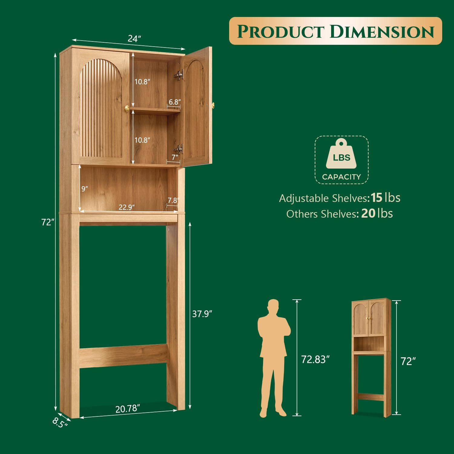 72" Over The Toilet Storage Cabinet, Modern Over Toilet Bathroom Organizer Shelf with Fluted Arched Doors, Wooden
