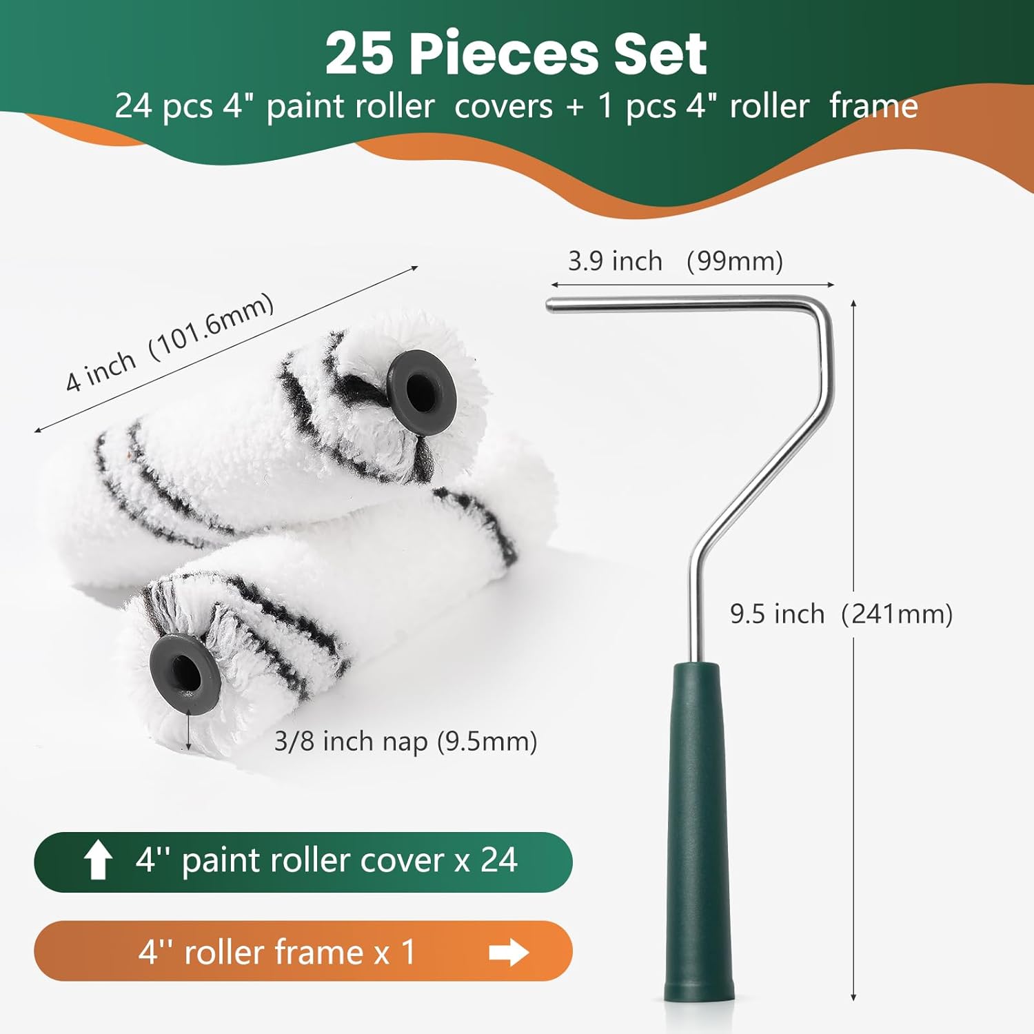 Microfiber Paint Roller Covers, 24 Pack Paint Roller 4 Inch (3/8 Inch Nap), Paint Roller Frame, Small Paint Rollers