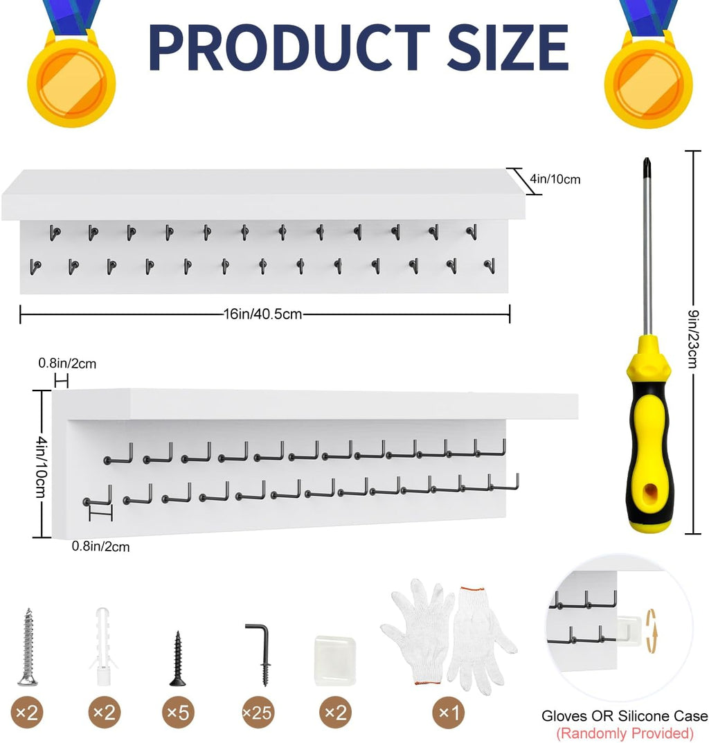 Medal Holder Display Trophy Shelf Organizer, Sturdy Wooden Race Award Hanger Rack with 25 Steel Hooks, Wall Mount