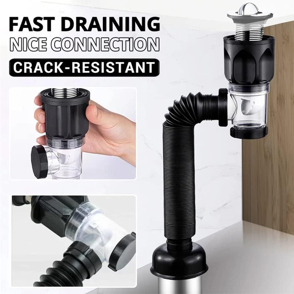Bathroom Sink Drain Kit with Flexible P-Trap Pipe Bathroom Sink Drain Pipe | for 1-1/4" and 1-1/2" Hole, No Leakage