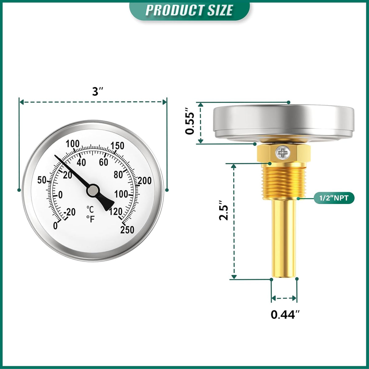 Bimetal Thermometer, 0-250°F/-20-120℃, 1/2" NPT Connection Thread