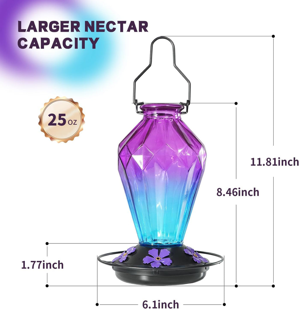 Glass Hummingbird Feeder for Outdoors Hanging, 25Oz Humming Bird Nectar Feeder, Perch, 5 Flower Feeding Ports, Leak