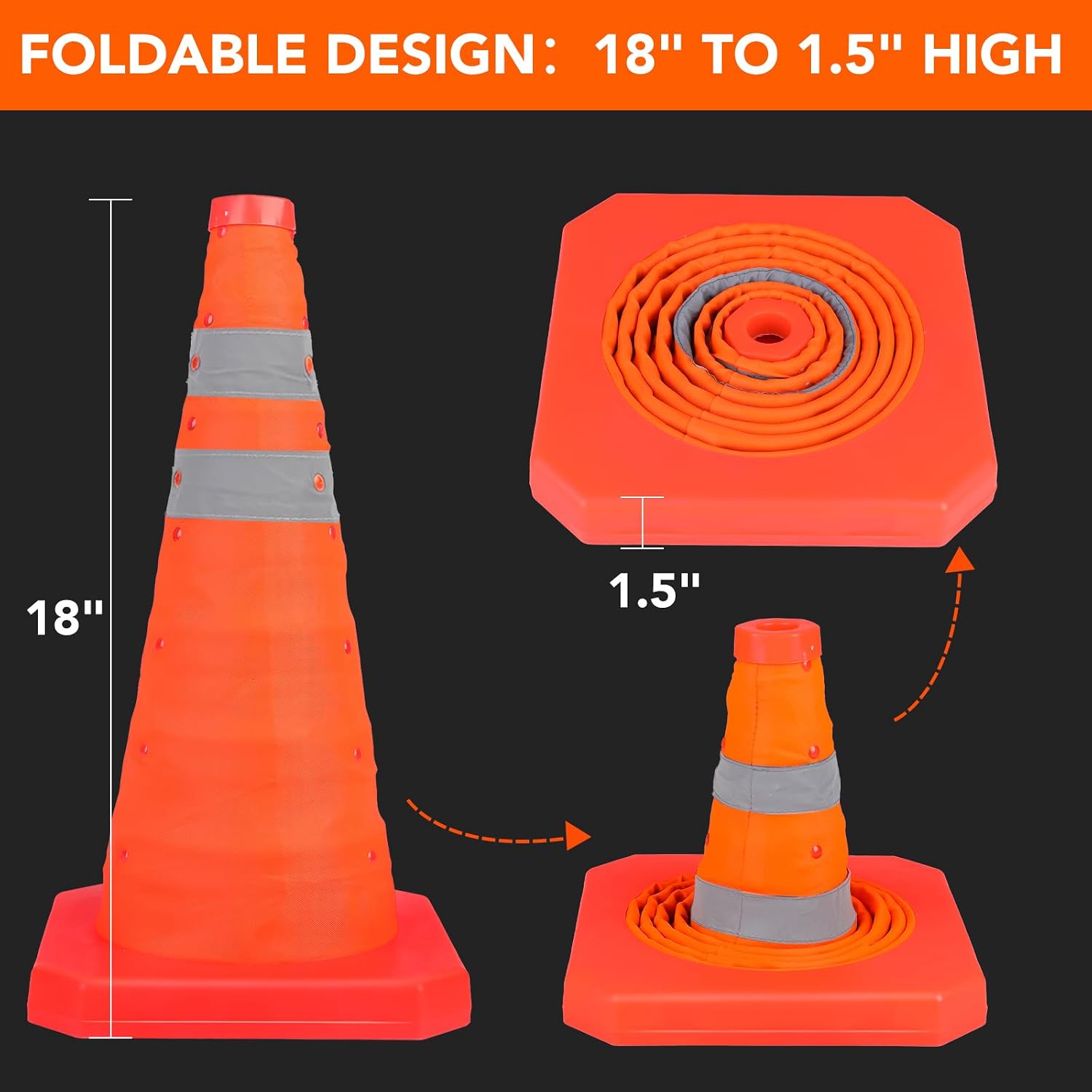 18 Inch 6 Pack Traffic Cones,Collapsible Safety Cones,Multi Purpose Pop-up Cones with Reflective Collar,Orange Cones