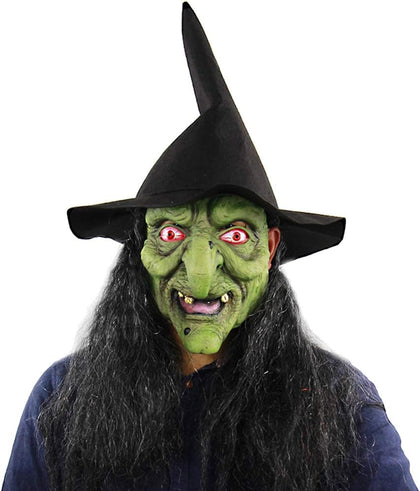 Halloween Scary Green Old Woman Hag Witch Mask with Hair Hat | Horrific Old Witch Evil Mask Horror Face Zombie Dress