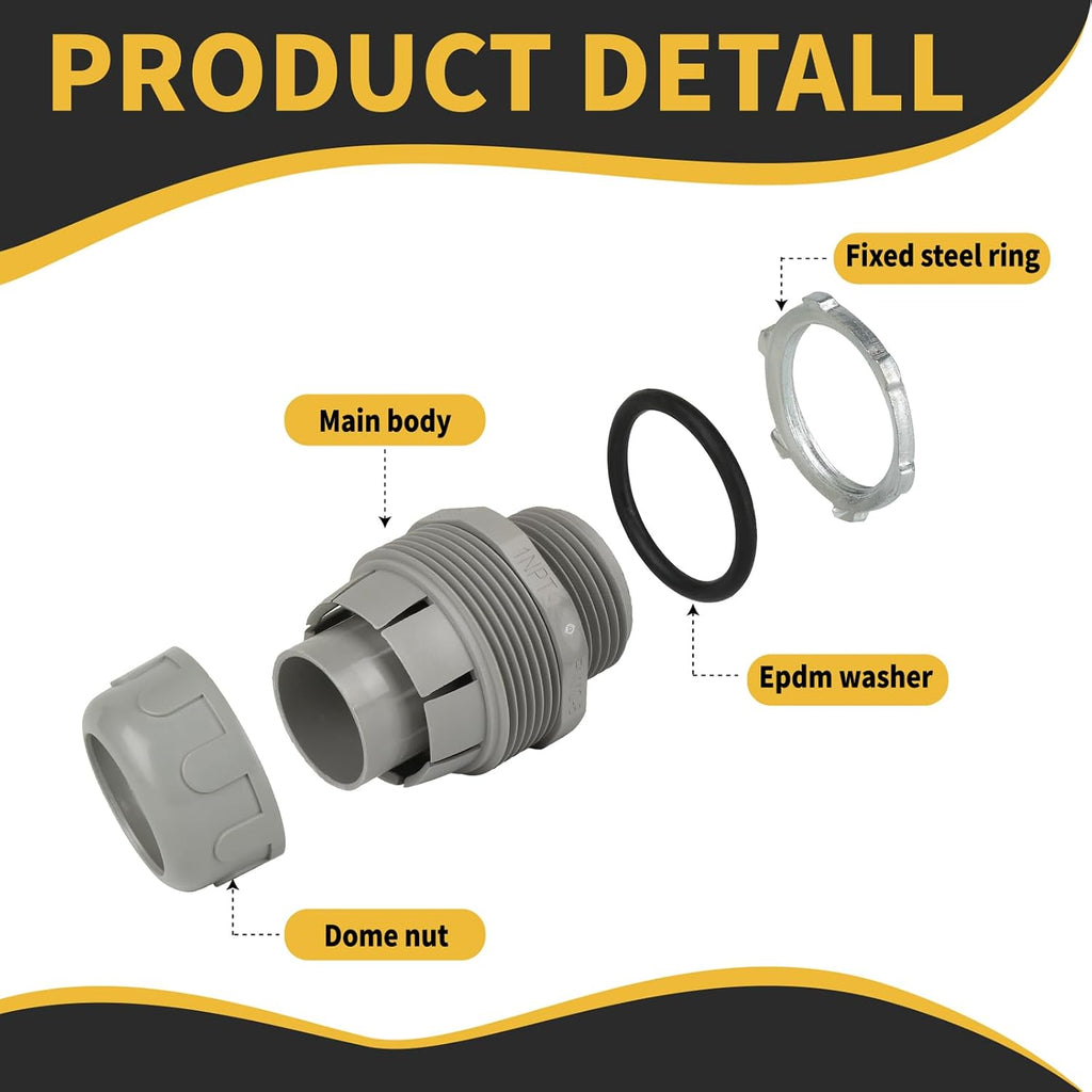 Conduit Connectors, 1 Inch, Straight, Grey, 5-Pack | Liquid Tight Connector, NPT, Non-Metallic