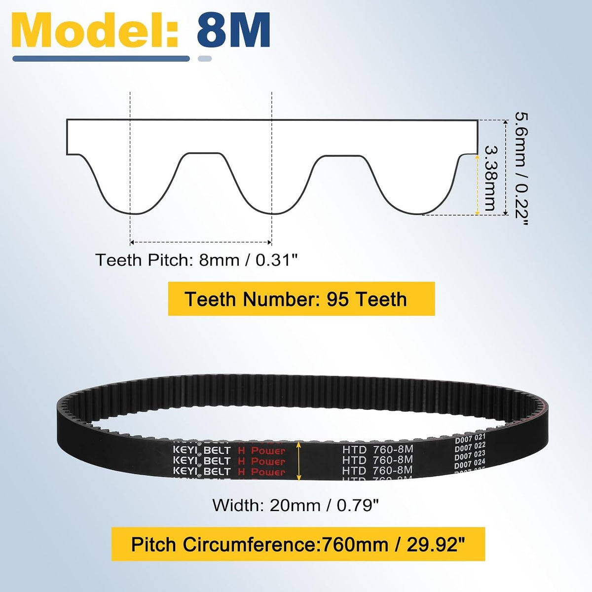 uxcell 760-8M-20 Timing Belt, 760mm Pitch Circumference x 20mm Width x 6mm Height, 8mm Pitch, 95 Teeth, Black Rubber Synchronous Belt