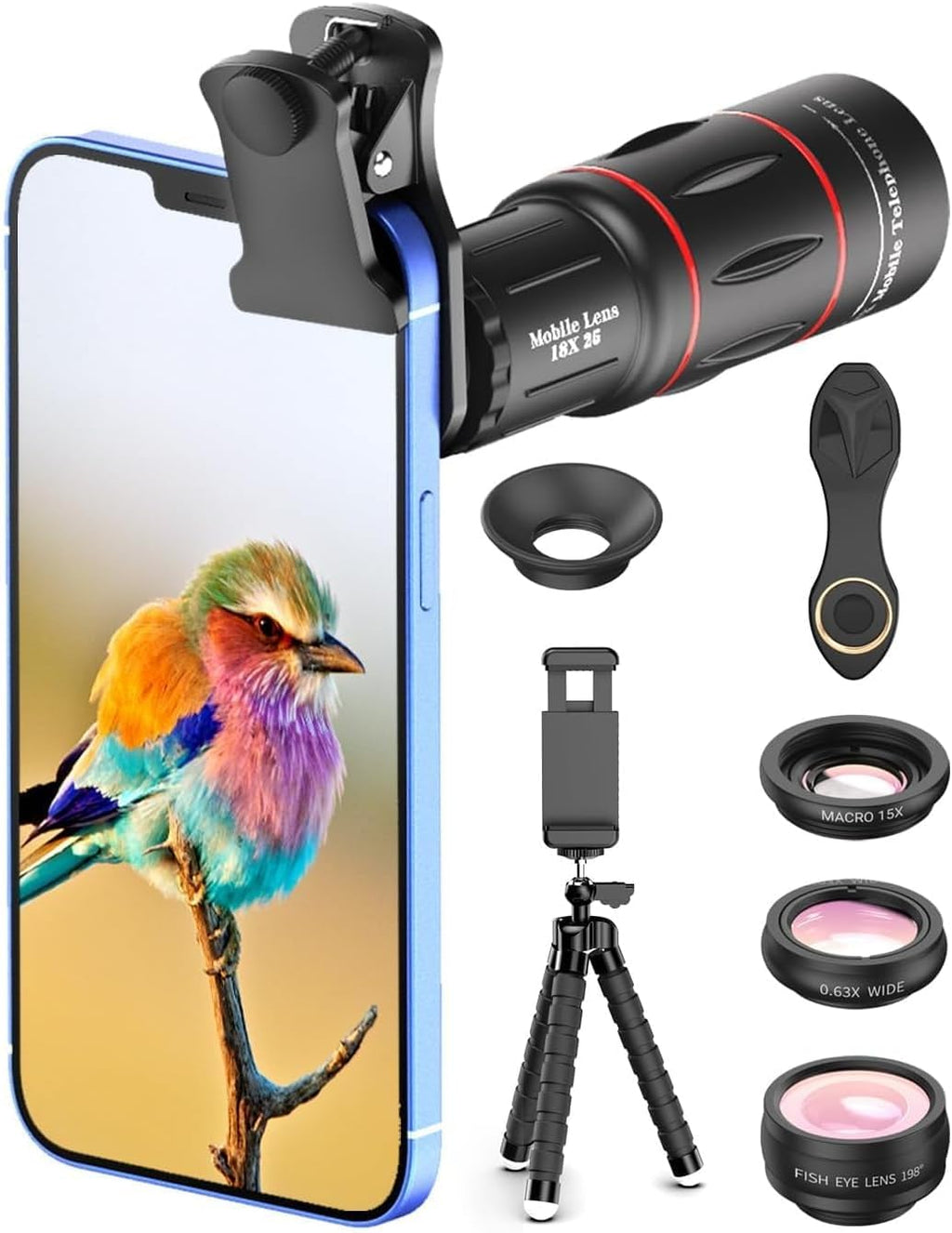 4 in 1 Phone Photography Kit, 18X Telephoto Lens, 198° Fisheye Lens, 15X Macro Lens, 0.63X Wide Angle Lens, Set with