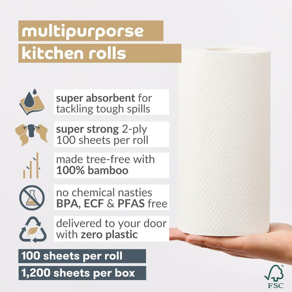 100% Bamboo Kitchen Rolls | Pack of 12 Rolls (2-Ply) | Multipurpose, Plastic-Free, Eco-Friendly, Super Absorbent