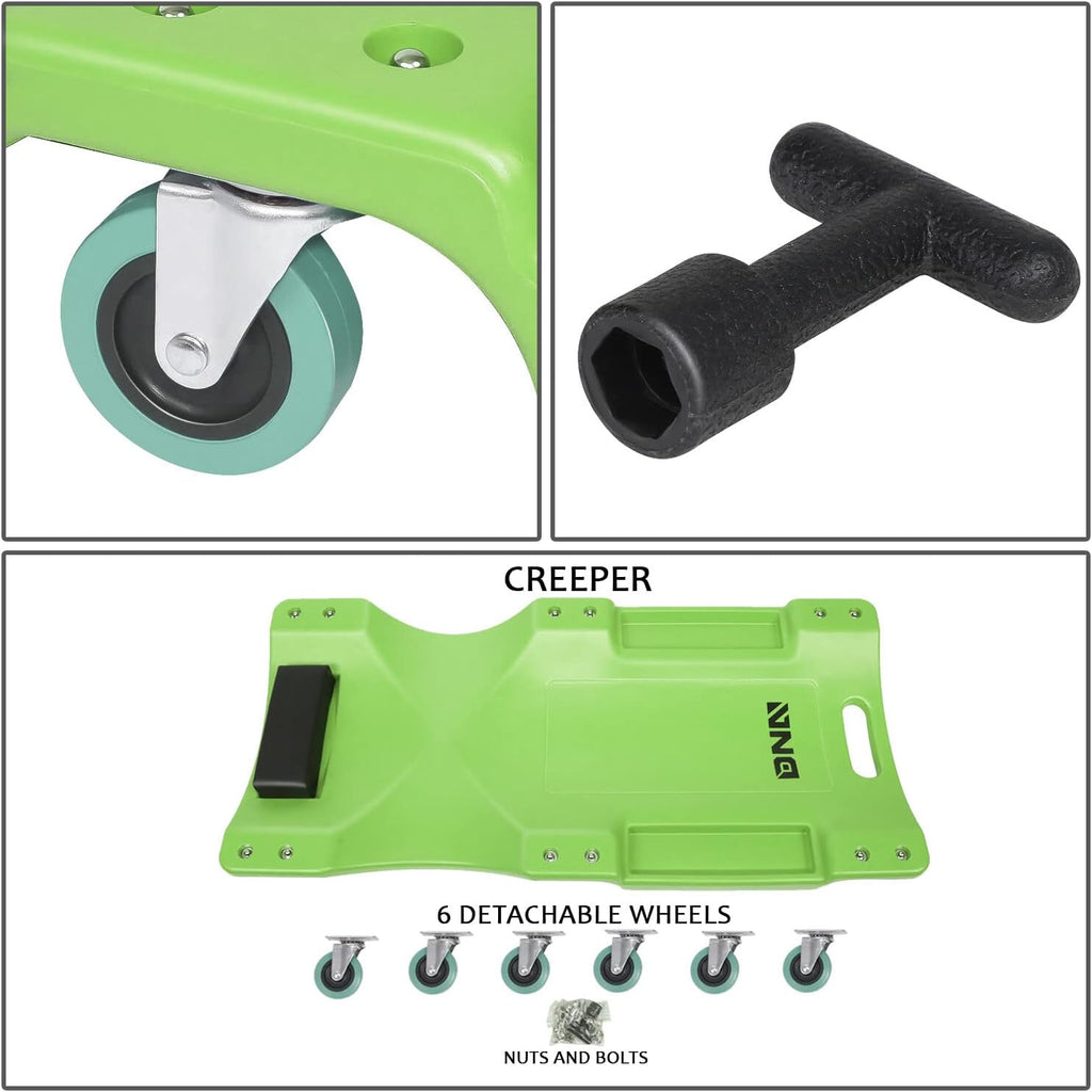 40Inch Low Profile Plastic Rolling Garage Shop Creeper with Padded Headrest,Tool Trays & 6pcs Casters,Green, TOOLS-00218