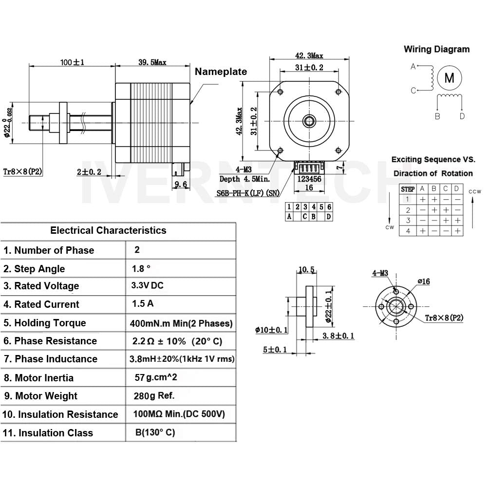 NEMA 17 Stepper Motor 42-40mm with Integrated 100mm T8 Lead Screw