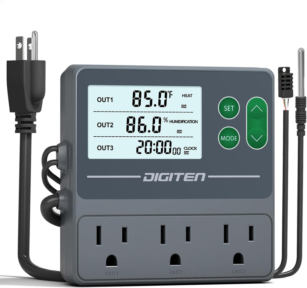 Temperature and Humidity Controller with Timer,3 Outlet Dual Probes | 3-Stage Outlet Control Temp,Humidity & Timer