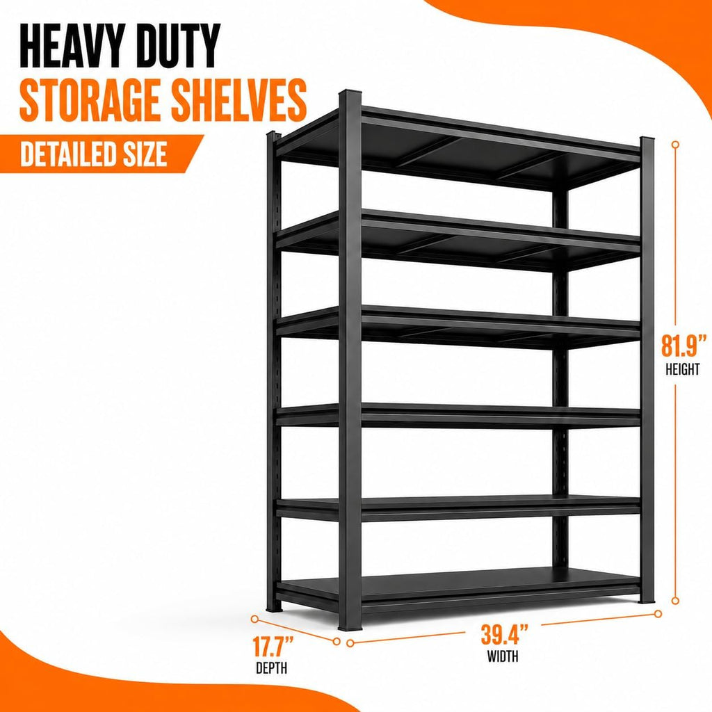 Garage Shelving, Storage Shelves Heavy Duty, 6-Tier Adjustable Black Shelving, 3000Lbs Utility Shelf for