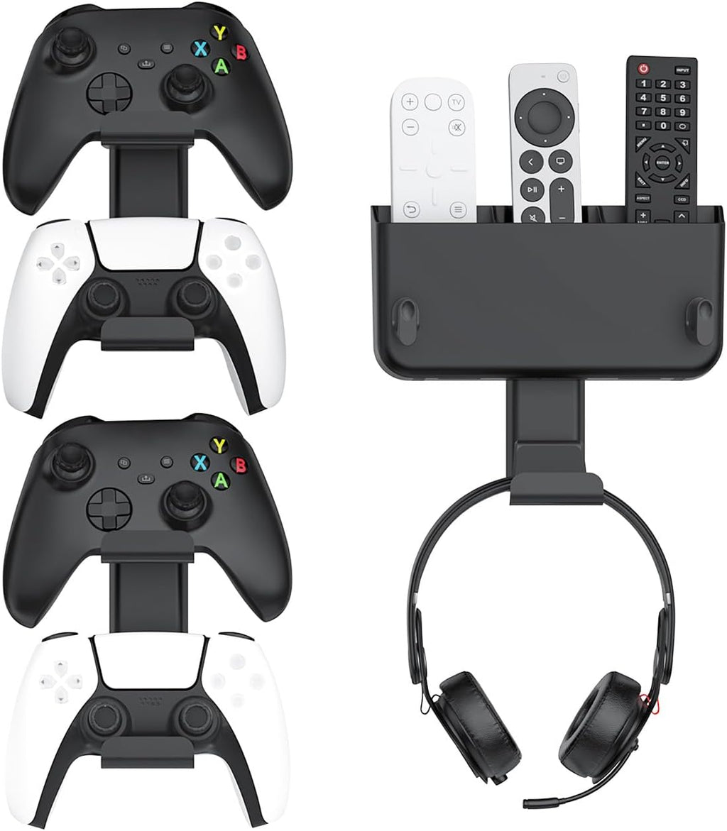 Controller & Headset & Remote Holder Wall Mount with No Drill, 2 Packs Gaming 4 Controllers Hanger Hook Mount for
