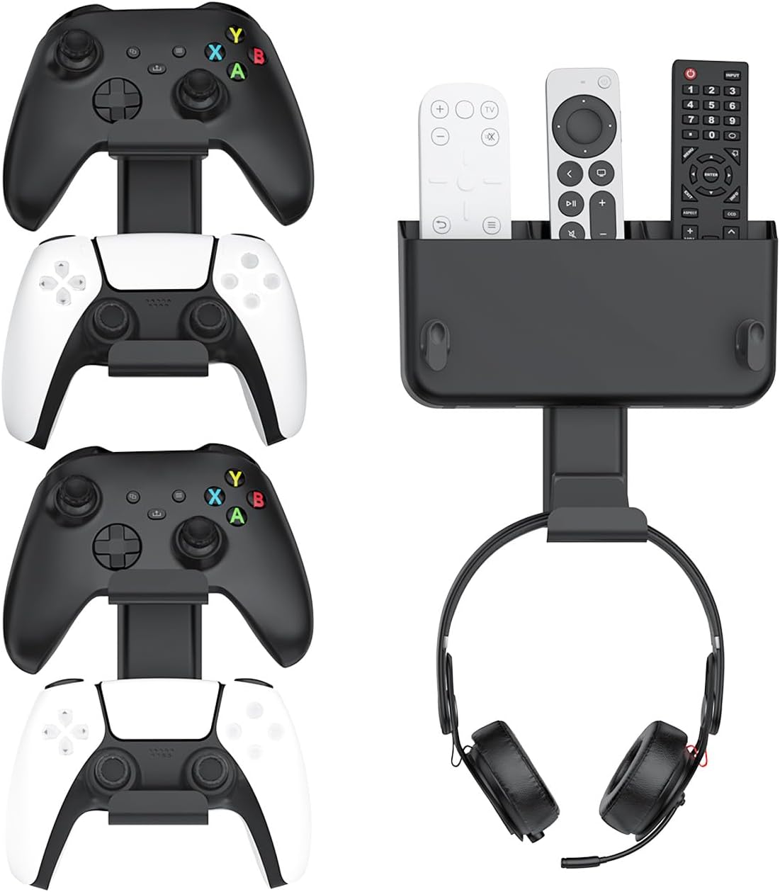 Controller & Headset & Remote Holder Wall Mount with No Drill, 2 Packs Gaming 4 Controllers Hanger Hook Mount for