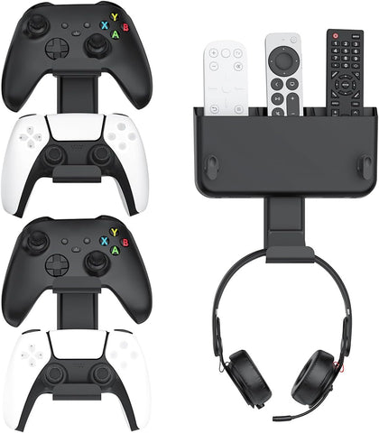 Controller & Headset & Remote Holder Wall Mount with No Drill, 2 Packs Gaming 4 Controllers Hanger Hook Mount for