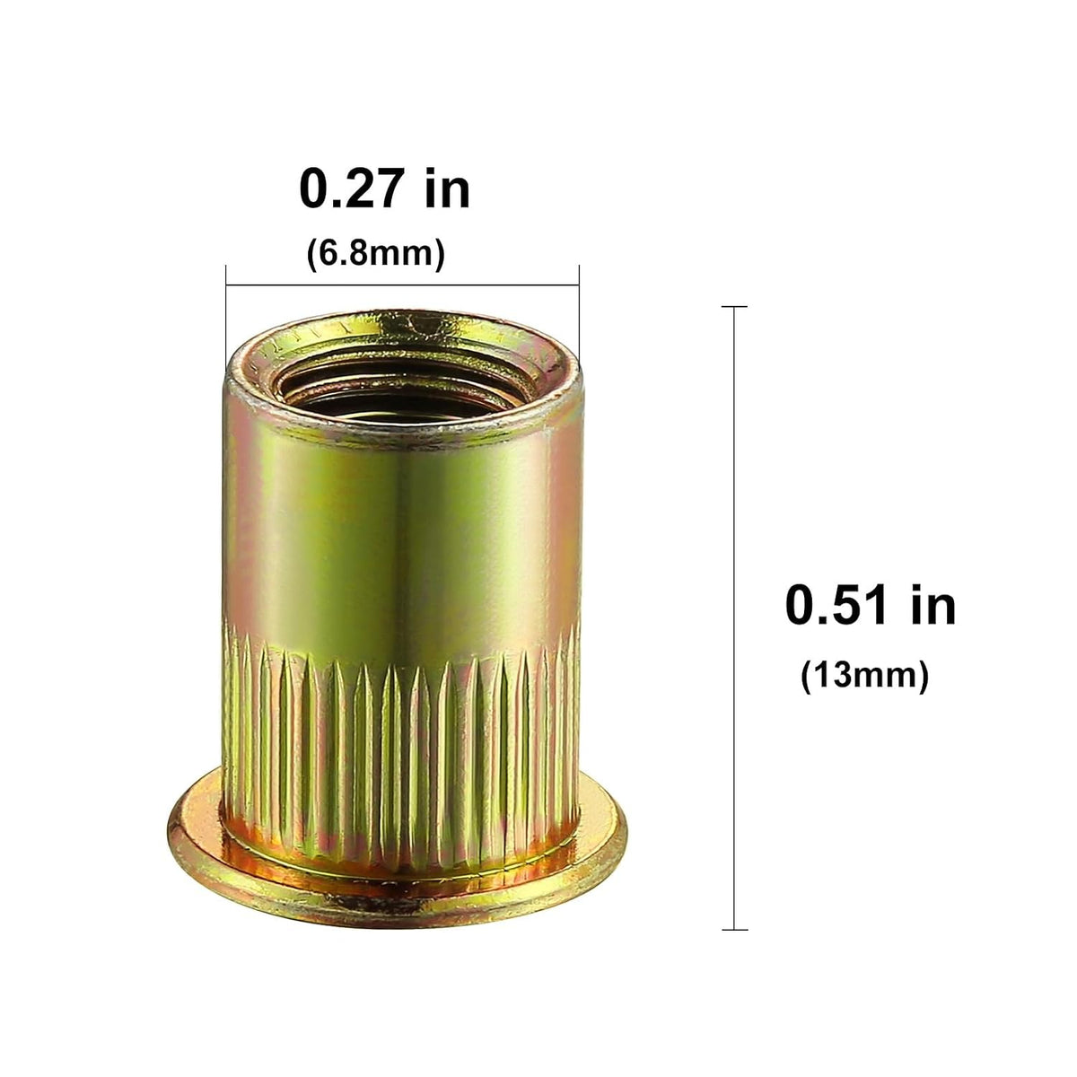 Wensilon Rivet Nut 10-32UNC 200Pcs Yellow Zinc Plated Finish Flat Head Rivnut Threaded Insert Nut Knurled Body