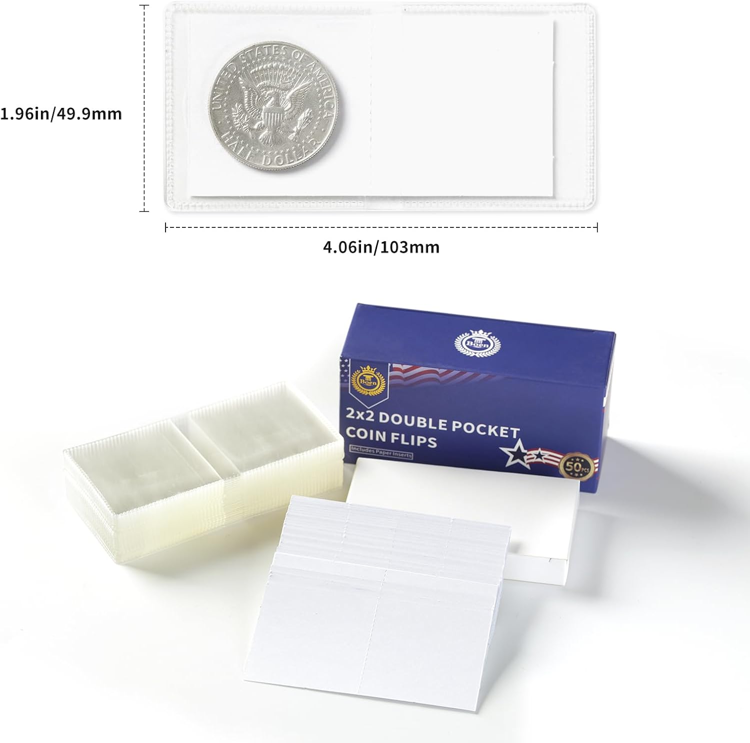 100 Pcs 2x2 Double Pocket Coin Flips with Paper Inserts | 200 Pockets Clear PVC Storage Coin Sleeves, Holders for