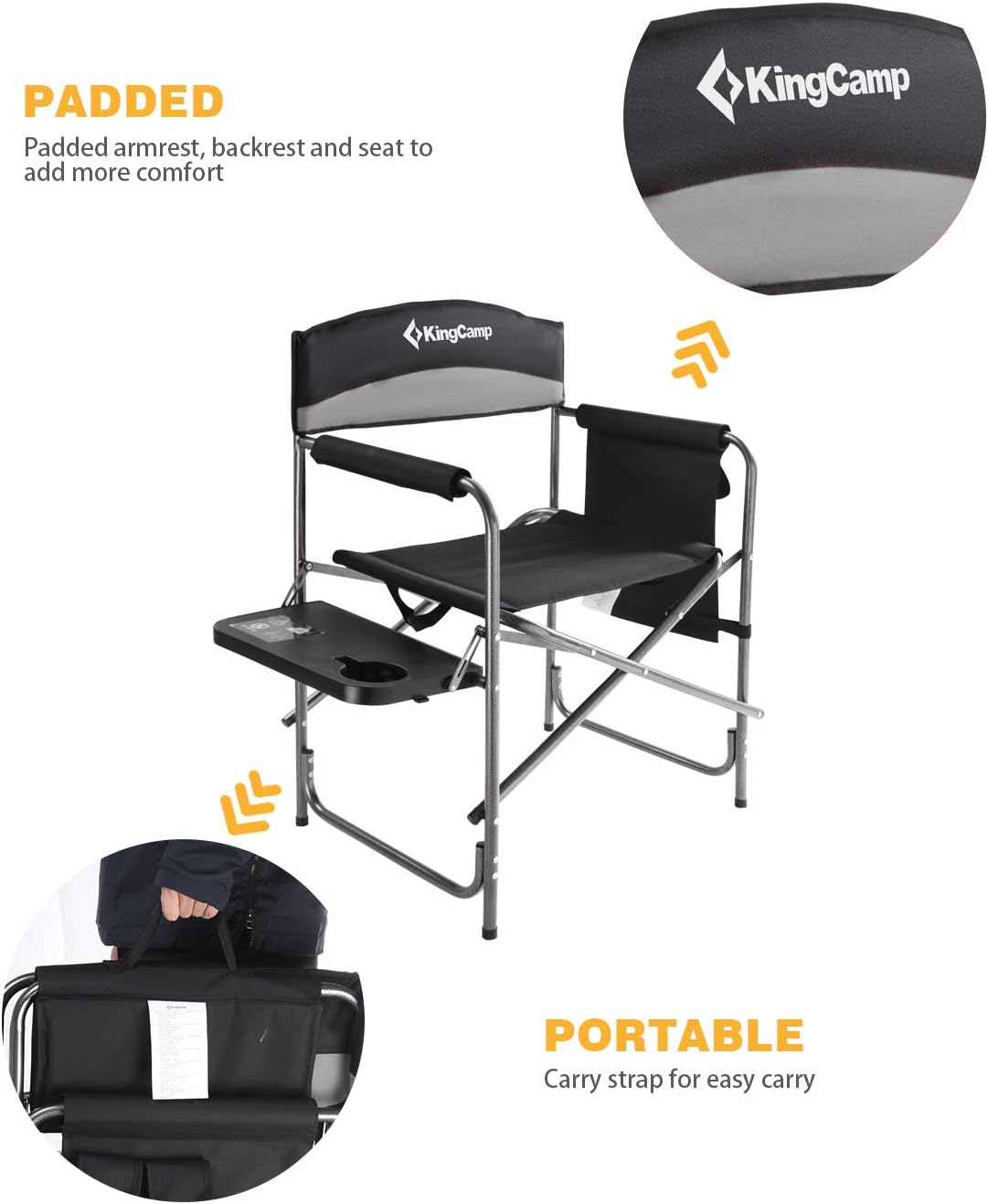 Folding Camping Chair, Heavy Duty Portable Directors Style with Side Table Carry Handle Storage Pockets for Outdoor