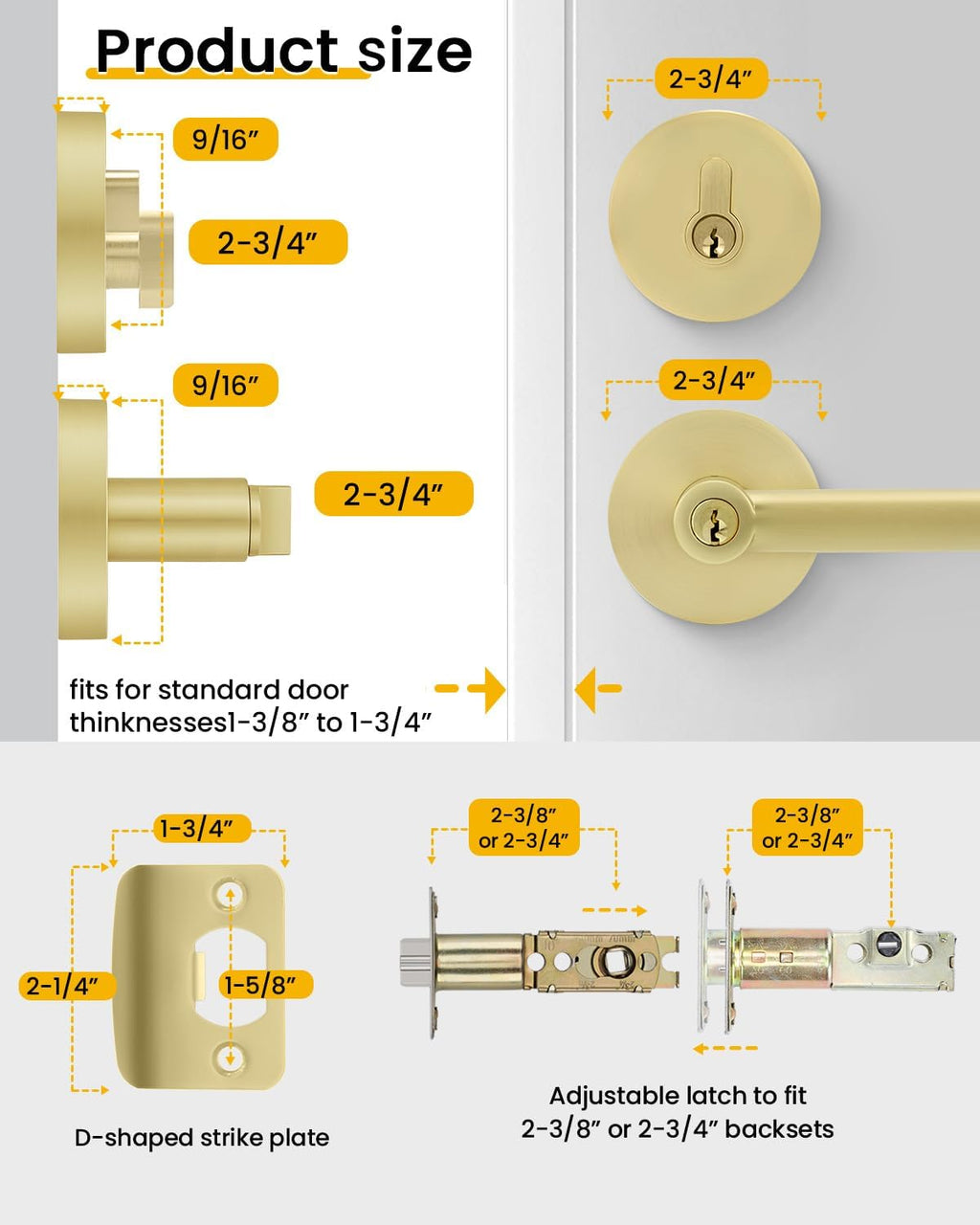 Exterior Deadbolt and Keyed Entry Door Handle Set, Heavy Duty Zinc Alloy Gold Door Lever, Key Entry Front Brushed