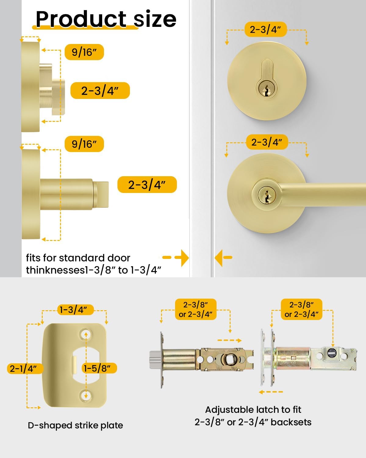 Exterior Deadbolt and Keyed Entry Door Handle Set, Heavy Duty Zinc Alloy Gold Door Lever, Key Entry Front Brushed