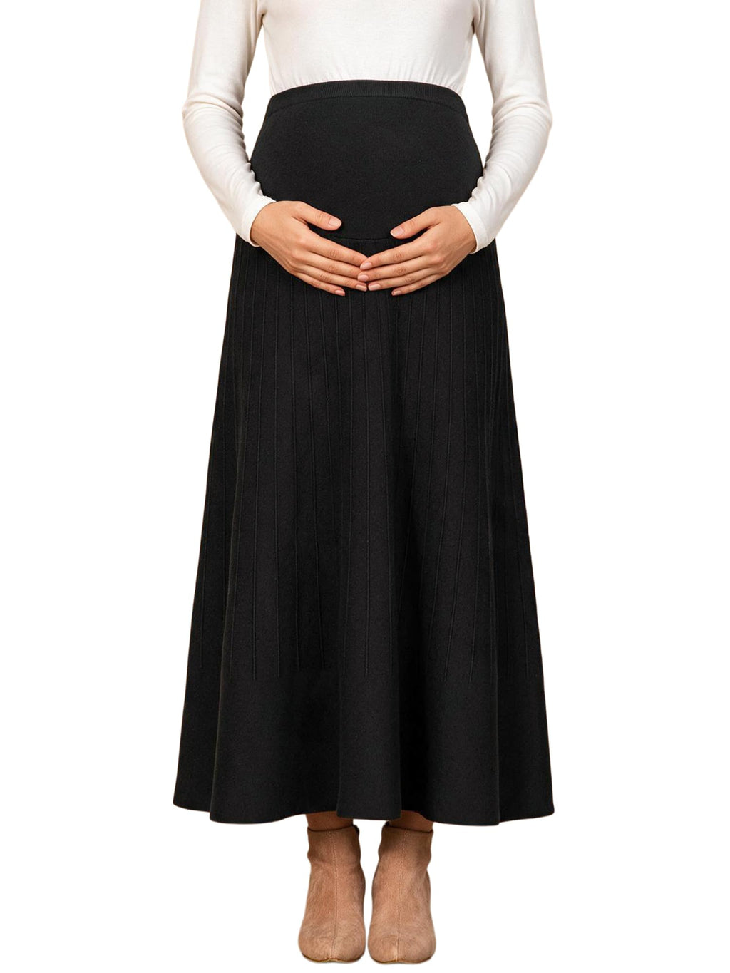 Maternity Skirt Over Belly Midi High Waist Solid Work Skirt Large Black