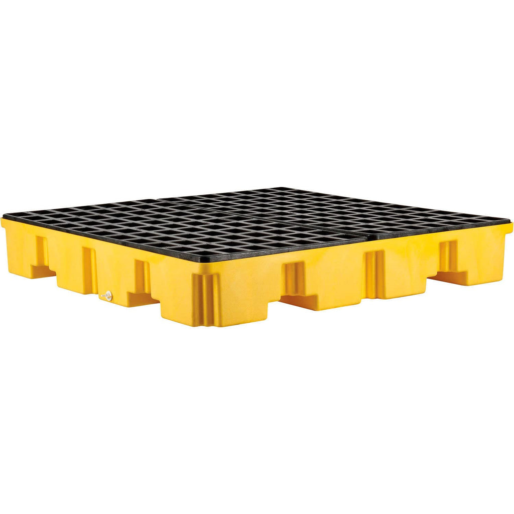 4 Drum Low Profile Spill Containment Pallet with Drain, 4-Way Forklift Pockets, 65 Gallon Capacity, 8000 Lbs