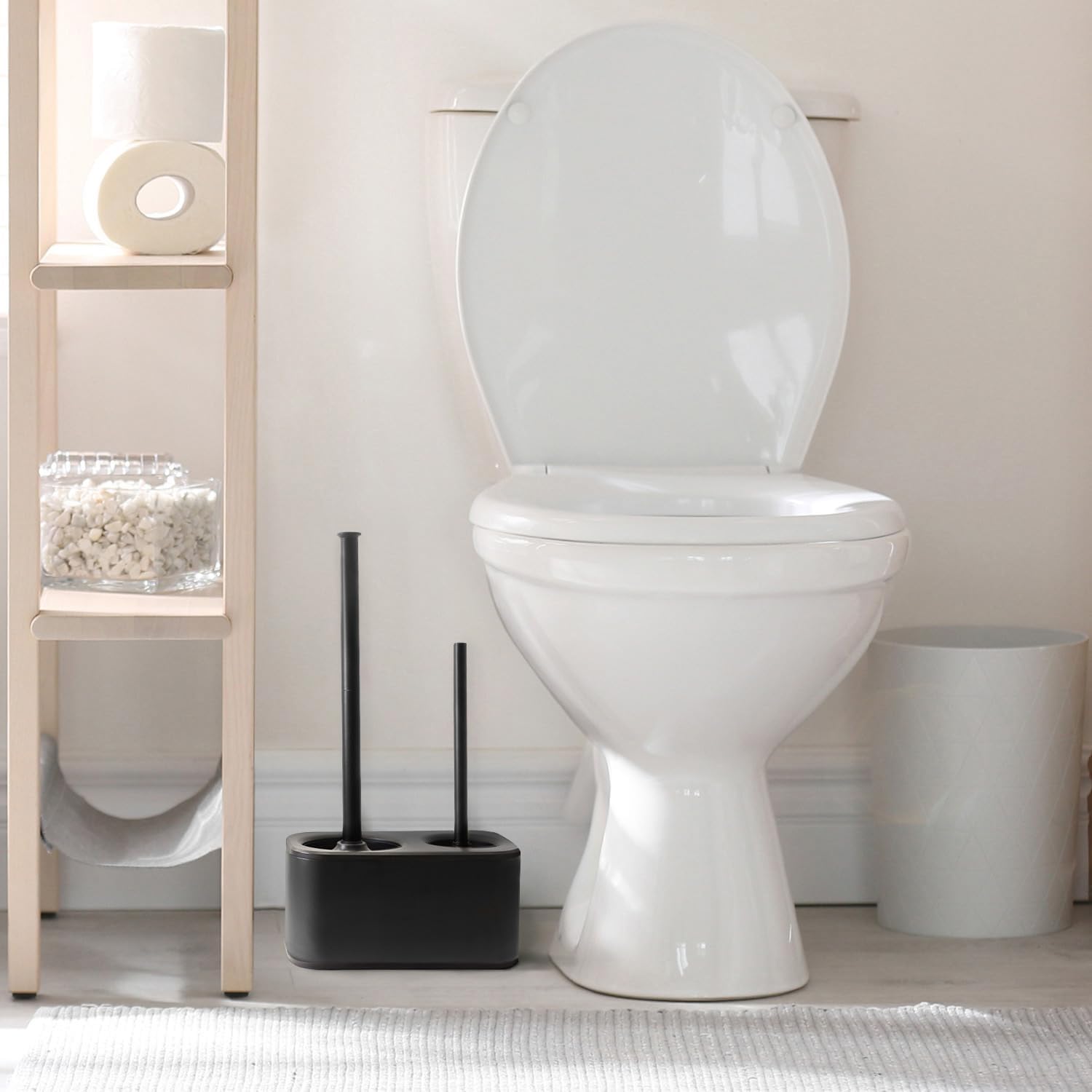 Toilet Brush and Plunger Set with Holder, Sleek Minimalist Modern Black Bathroom Accessories Toilet Plunger and