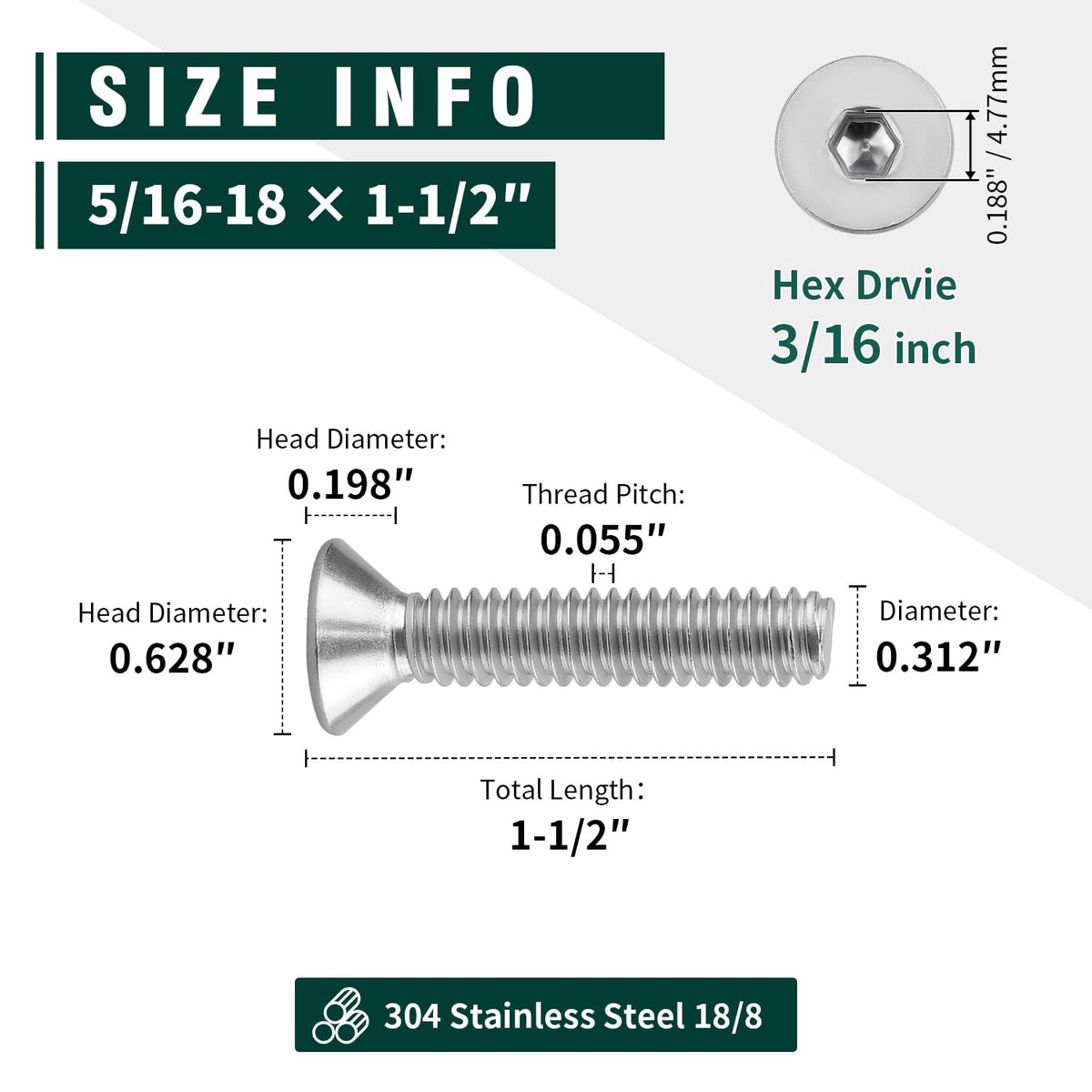 5/16-18 x 1-1/2" Flat Countersunk Head Socket Cap Screws, Full Thread, Machine Thread, Bright Finish, Hex Drive, 304 Stainless Steel 18-8 SS, 20 PCS