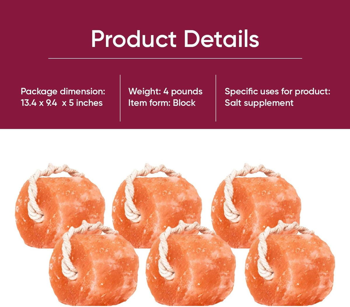 Glowyn Himalayan Salt Lick-Natural Minerals Block on Rope - 4.0 lbs. (6 Packs) - Great for Horses, Cattle, and Live