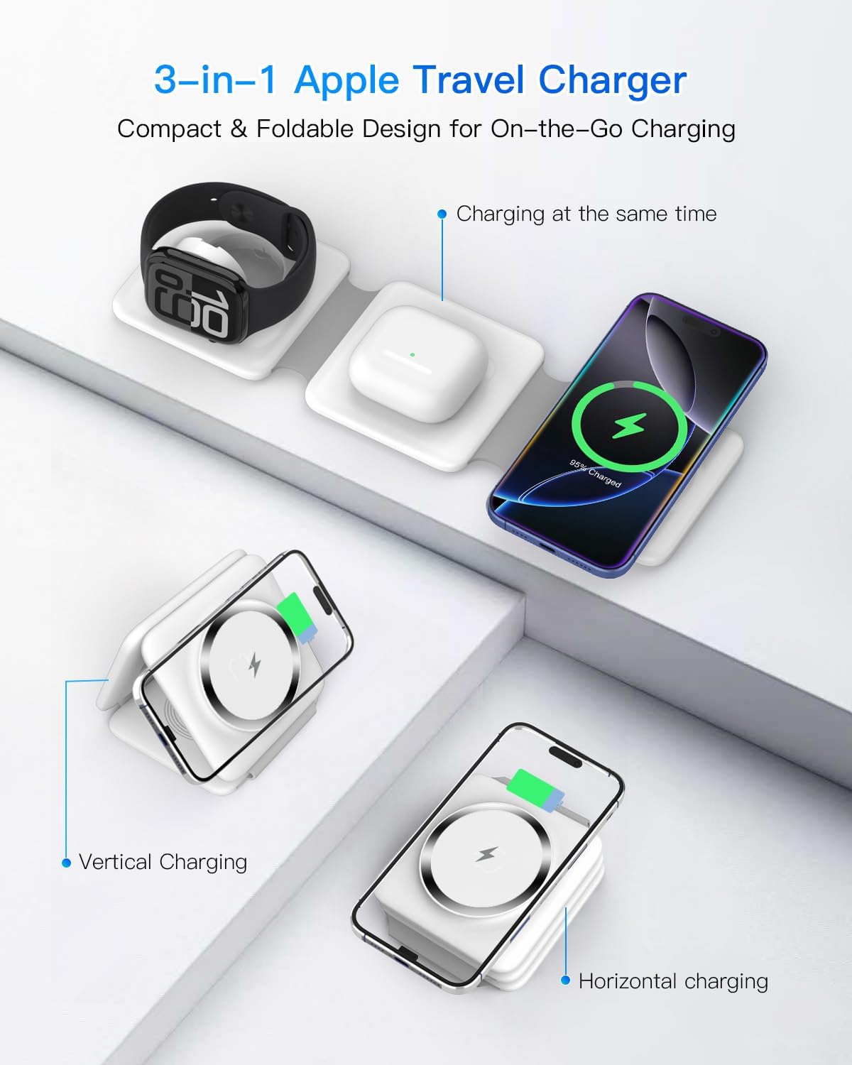 Charging Station for Apple Multiple Devices - 3 in 1 Foldable Magnetic Wireless Charger Dock - Travel Charging Pad