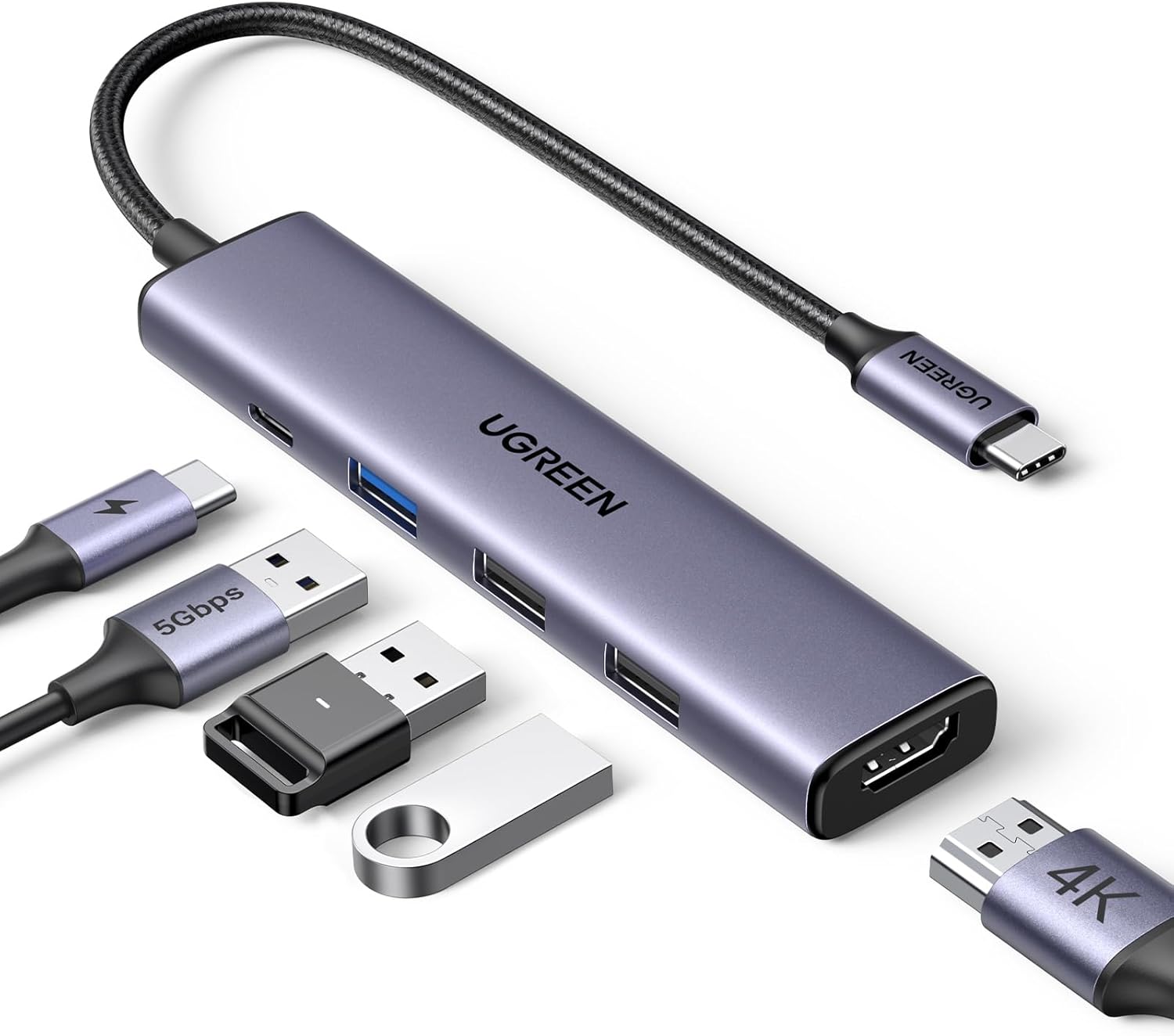 USB C Hub 5 in 1 Multiport USB Adapter 4K HDMI, 100W Power Delivery, 3 USB-A Data Ports, USB C Dongle for MacBook